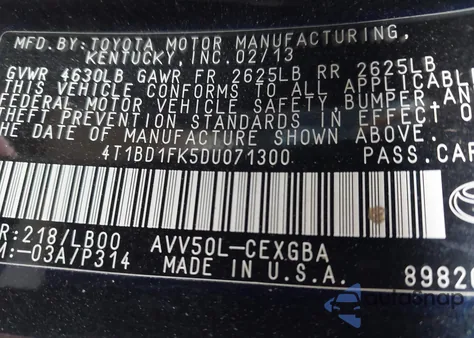 2013 Toyota Camry Hybrid Xle from USA, damaged, VIN 4T1BD1FK5DU071300